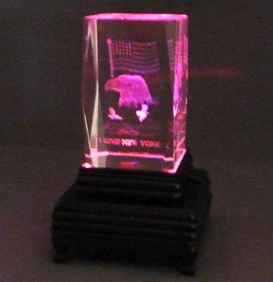 3D Laser 3 Crystal Glass Cube w/LED Base LOVE NEW YORK Eagle Flag USA 