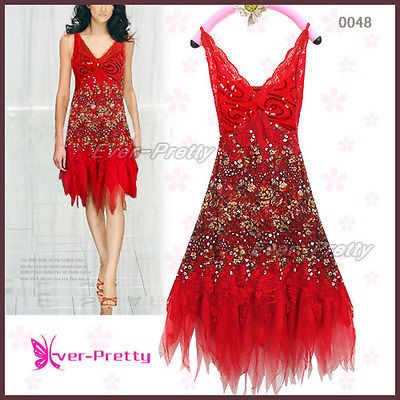 Red Lace Sequins V neck Sleeveless Short Cocktail Party Dresses 00048 
