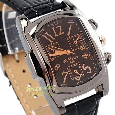   Sports Mens Military Color Square Watch Quartz Black Leather Deco Dial