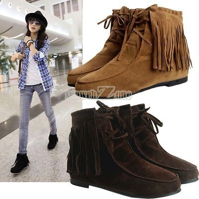   Pretty Classic Soft Tassels Lace UP Flats Inside Shoes Ankle Boots