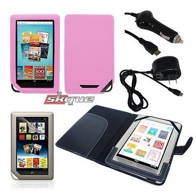   Case Cover+Pink Silicone Skin+Wall+Car Charger For Nook Color/Tablet