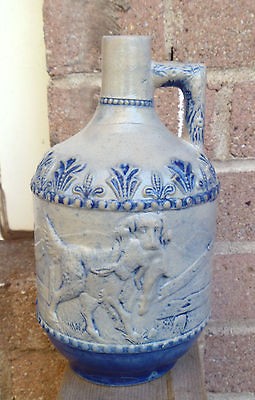   OF UTICA NY HUNTING DOG & RABBITS COBALT BLUE STONEWARE WHISKEY JUG