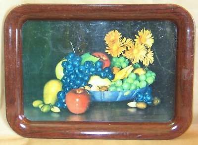 VTG TV Lap Metal Tray Harvest Fruit Flowers Still Life Brown Rim