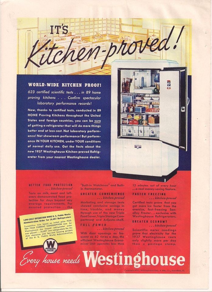 1937 VINTAGE WESTINGHOUSE KITCHEN PROVED REFRIGERATOR PRINT AD