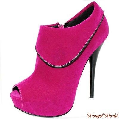   Sexy Classy Pink Fuchsia High Heel Ankle Booties Peep toe velvet suede