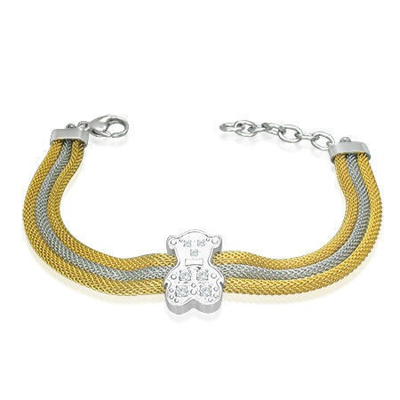   Steel 2tone Pave Set Tous Inspired Bear Mesh Bracelet w CZ d17