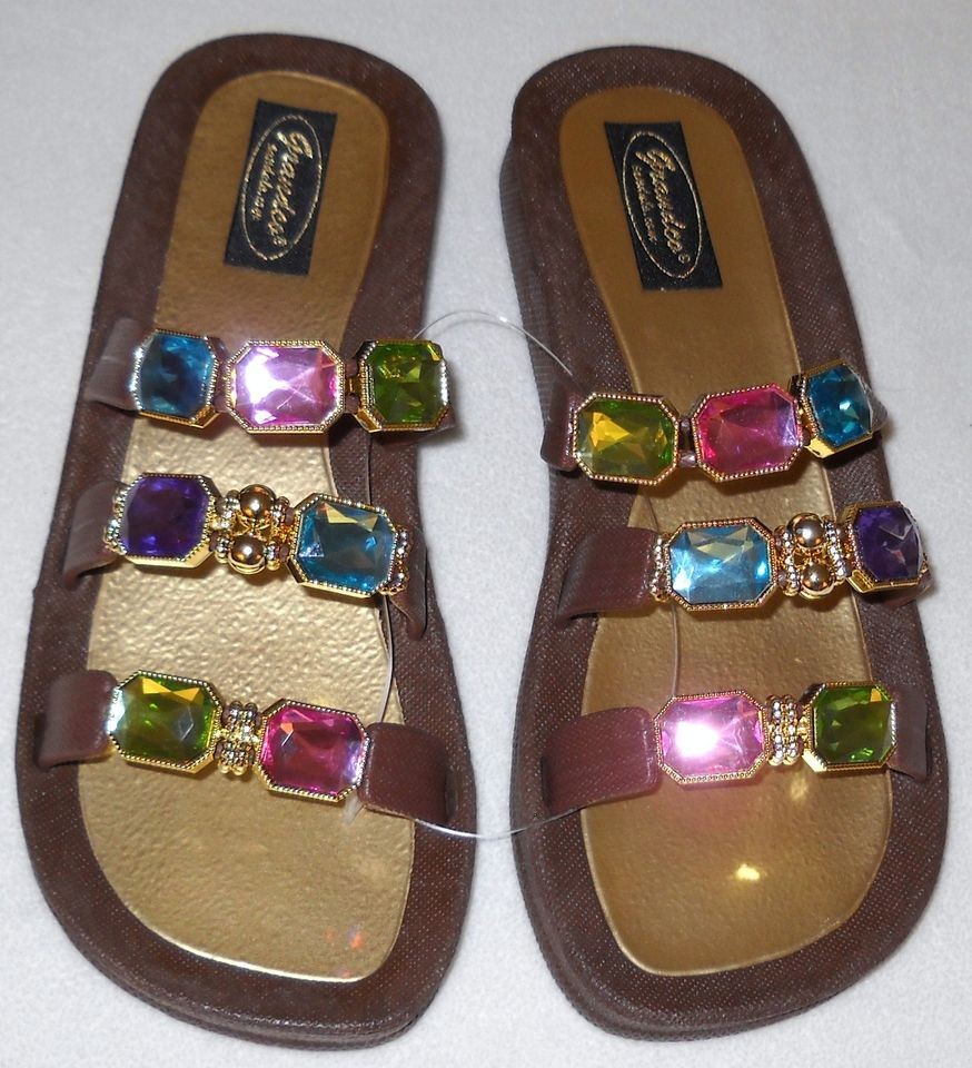 GRANDCO DRESSY Beach Pool SLIDE BLING Brown Beaded Jeweled Sandals 