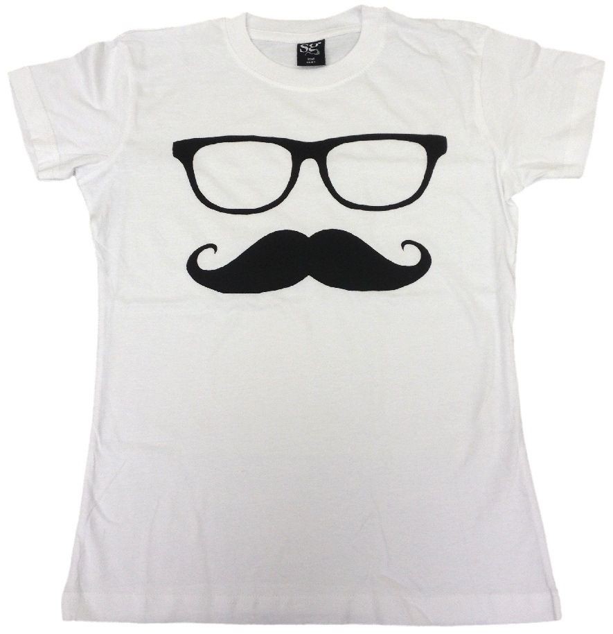 GLASSES MOUSTACHE Ladies T Shirt 8 18 White Funny Printed Joke Geek 