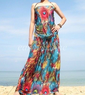   Gift Idea New Evening Party Peacock Extra Long Maxi Dress M L US 10 12