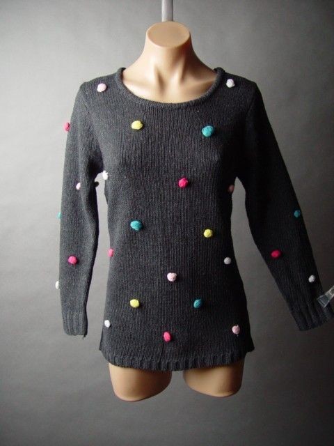 Chunky Knit Fisherman Retro Pom Pom Colorful 80s 90s Pullover Jumper 