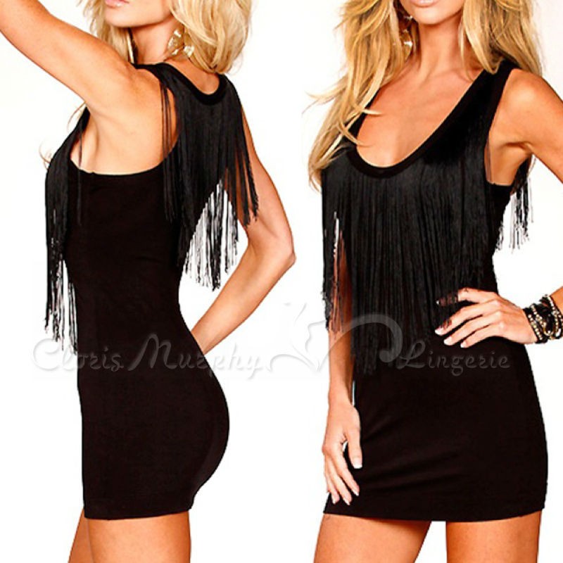 Cloris Murphy Sexy Black Fringe Tassel One Piece Cocktail Dress BD237 