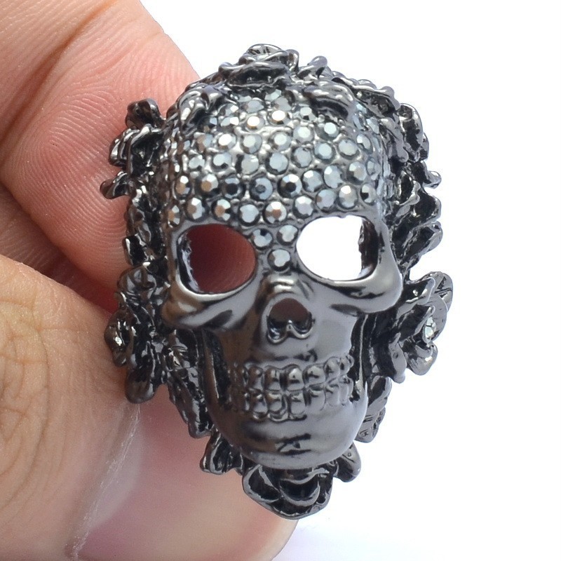 Skeleton Skull Leaf Flower Ring Size 6# Jet Hematite Swarovski 