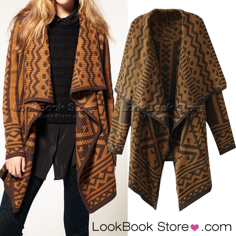   Geo Print Aztec Draped Lapel Long Sleeved Knitwear Cape Cardigan Coat