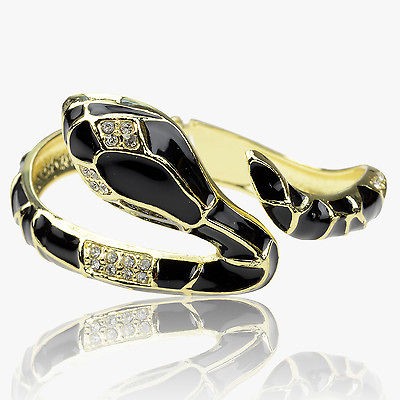 Cool 18K GP Black Enamel Crystal Snake Stretch Bangle Bracelet A1400K