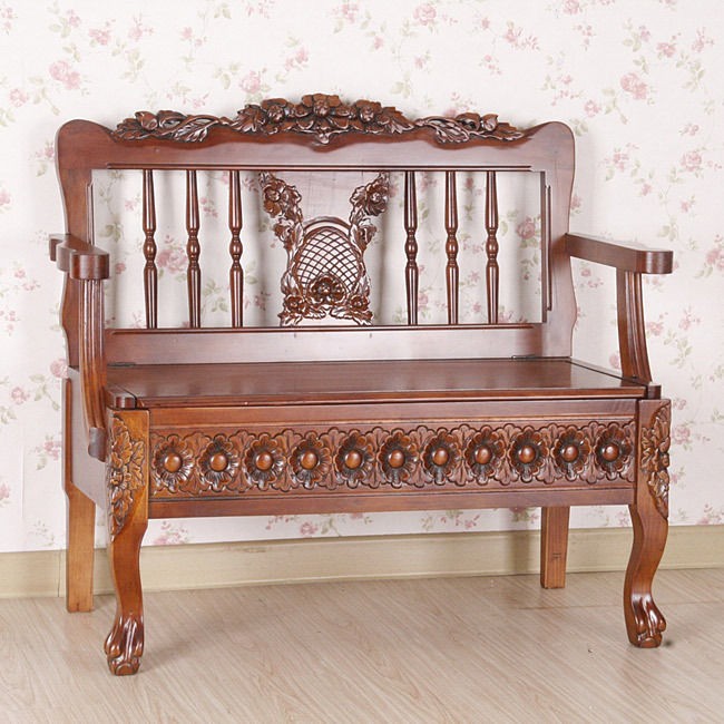 Carved Wood Bench with Under seat Storage    