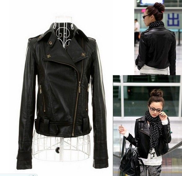   Winter Women Zipper Rivets Lapel Slim PU Leather Long Sleeve Jacket