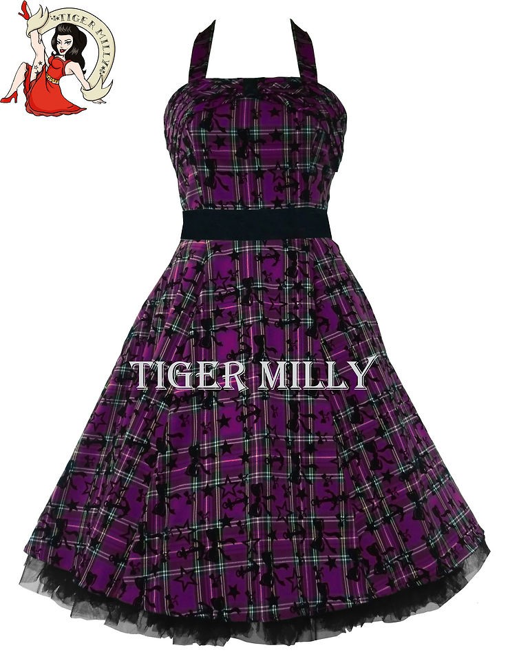 LONDON 50s HALTERNECK TARTAN PARTY FLOCK DRESS PURPLE