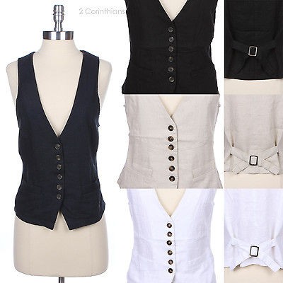 Neck Front Button Linen Vest Back Tightening Strap 2 Pockets 