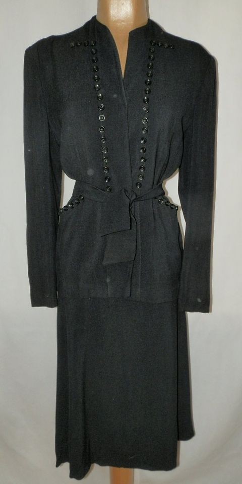 Vtg 30s 40s MARY LANE Blk WOOL GABARDINE Tie DECO BUTTONS Dress Skirt 