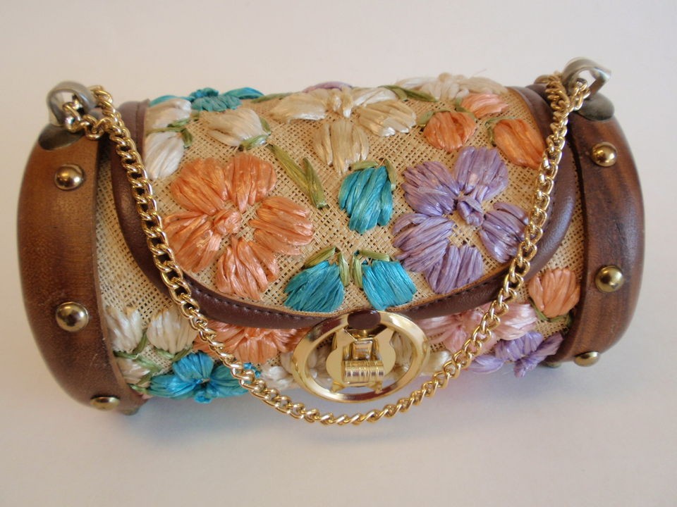   Hand Woven Straw Raffia Wood Tubular Floral Purse Patricia Philippines