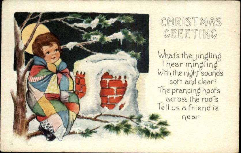 Whitney Christmas Boy in Tree Blanket Moon c1910 Postcard