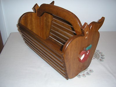 Wood Magazine Rack Bin Apple Motif Country Style 16 1/4 long x 12 