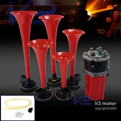 5PCS TRUMPET GREAT MUSIC RED 12V AIR DIXIE HORN +COMPRESSOR DUKES OF 
