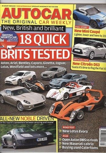 AUTOCAR magazine 26/8/09 feat. Noble M600, Evora, DBS