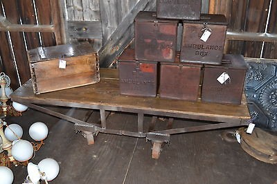 vintage factory cart wood iron wheels industrial coffee tabe work 