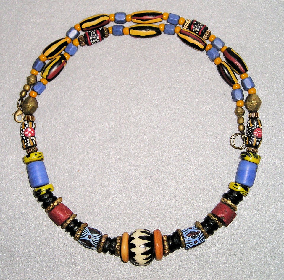 AFRICAN VENETIAN TRADE BEADS BRASS, BATIK BONE NECKLACE Fashion Tribal 