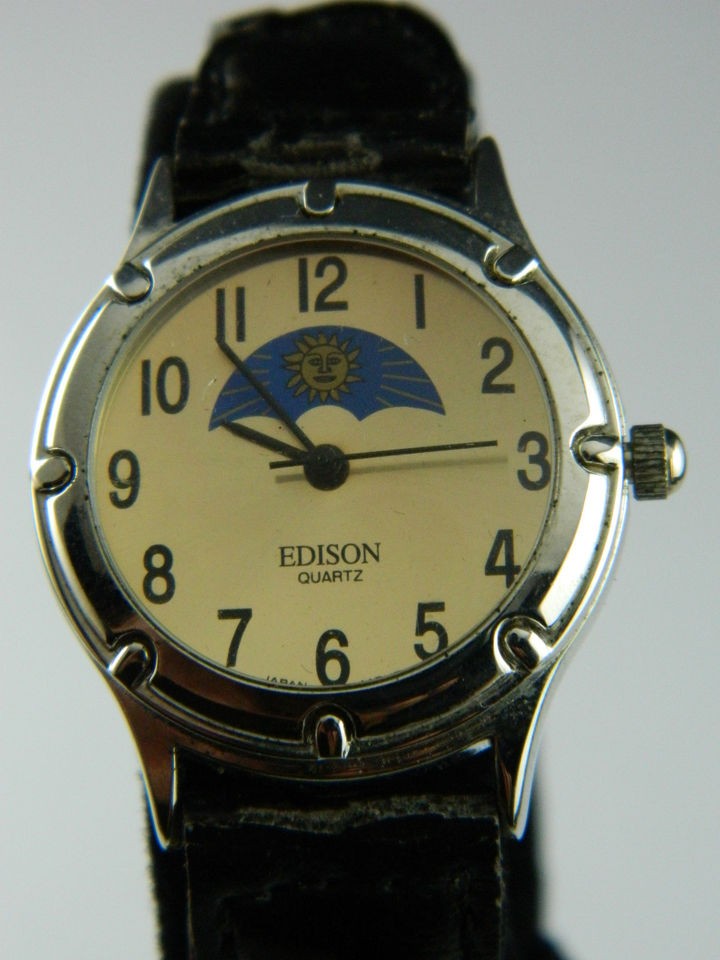 EDISON BUBBLE GLASS SILVER TONE CASE/LEATHER BAND