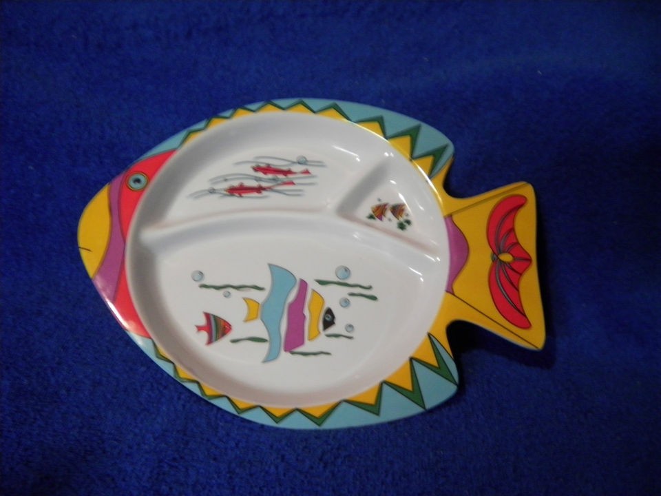 NEW FISH SHAPED DIVIDED PLATE 10.5 LENGTH HARD PLASTIC MELAMINE