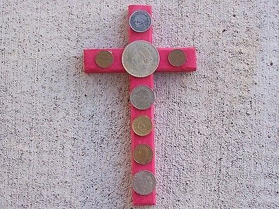 Attract Wealth Folk Cross with Old Mexican Coins, Mexico   White