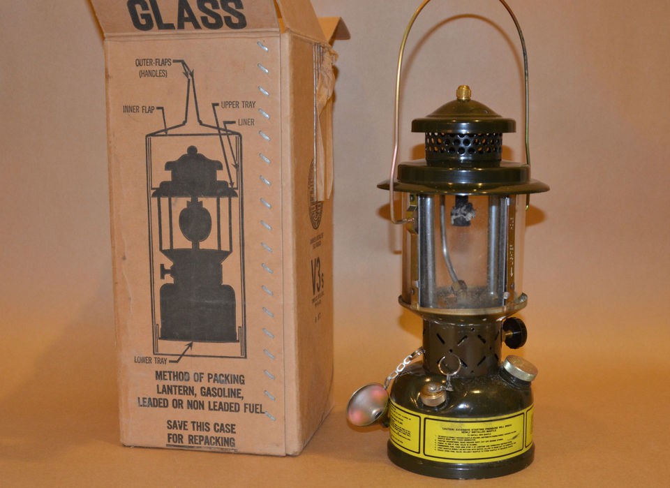   US MILITARY GASOLINE COLEMAN DESIGN LANTERN + WRENCH & 4 MANTLES & BOX