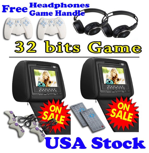 Black Dual 7 Car Pillow Headrest DVD Player Sony Lens+Headphone+Game 