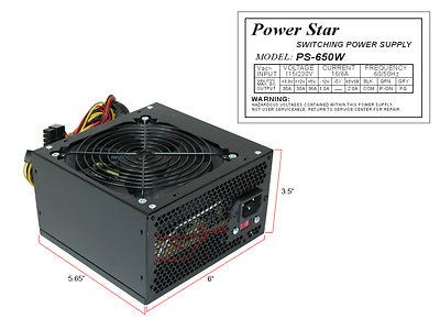 PowerStar Black ATX 12CM Fan 650W Silent Power Supply w/20 24pin SATA 