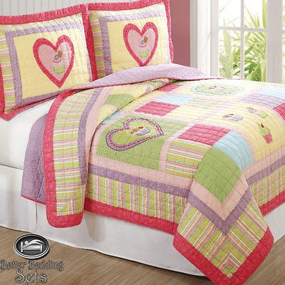   Kid Pink Purple Heart Cup Cake Quilt Bedding Set Twin Full Queen