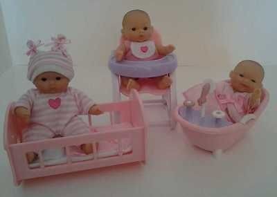   MINI 5 INCH BABY DOLLS set of three bathtub high chair and crib