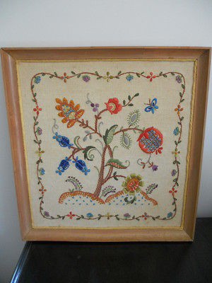 Beautiful Vintage 70s Embroidery Crewel Sampler Primative Frame