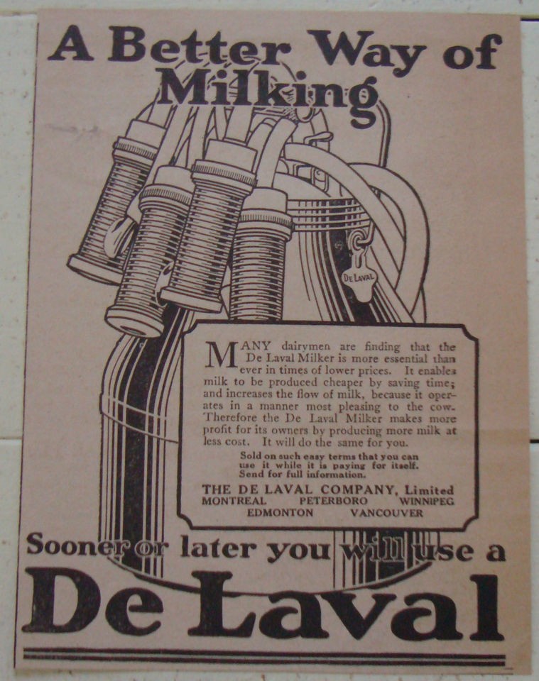 1921 DE LAVAL CREAM DELAVAL CANADA AD MILK DAIRY FARM MILKER MILKING 