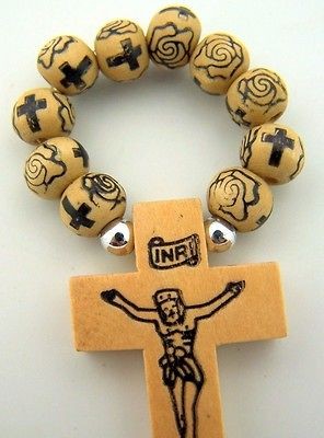 Mens Womens 2 1/4 Round Wood Black Cross Rose Bead Finger Penance 