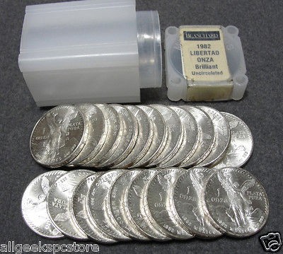 Roll / Tube of 20 1982 BU MEXICO 1 ONZA .999 Silver Bullion Coins 