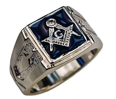 Masonic Mens cz Ring Blue Lodge 14K White Gold overlay size 14