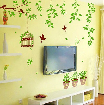 New Bird Potted Plants Birdcage Vine Wall Sticker Decor Decals Art 