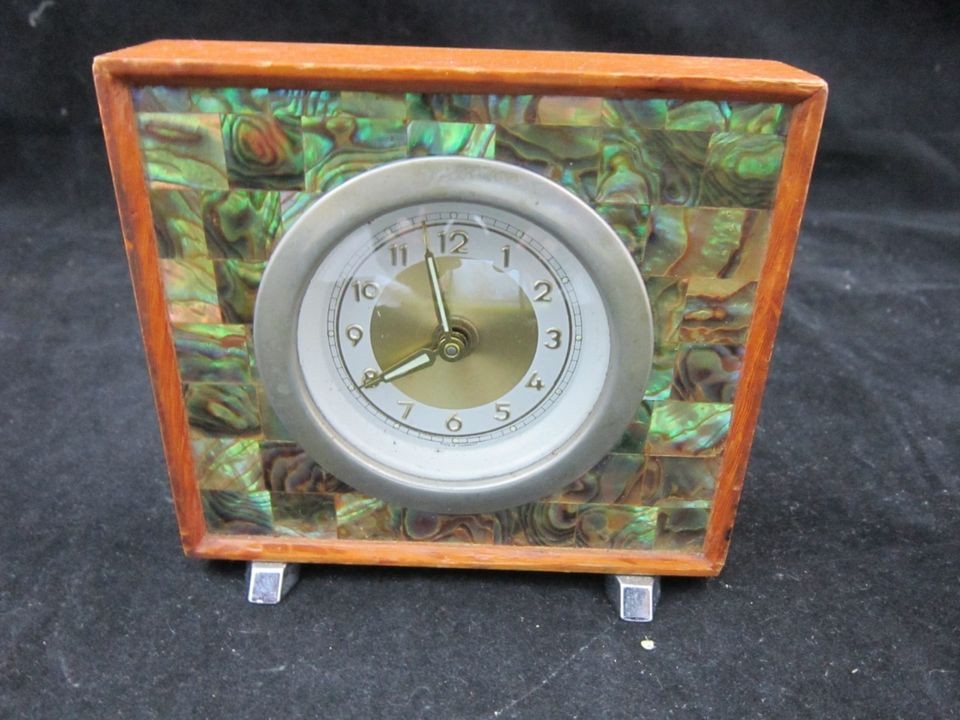 Antique Vintage German Abalone & Wood Glow in the Dark Desk Clock