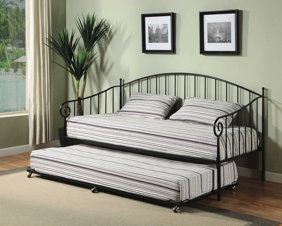 Matt Black Metal Twin Size Day Bed (Daybed) Frame With Pop Up Trundle 