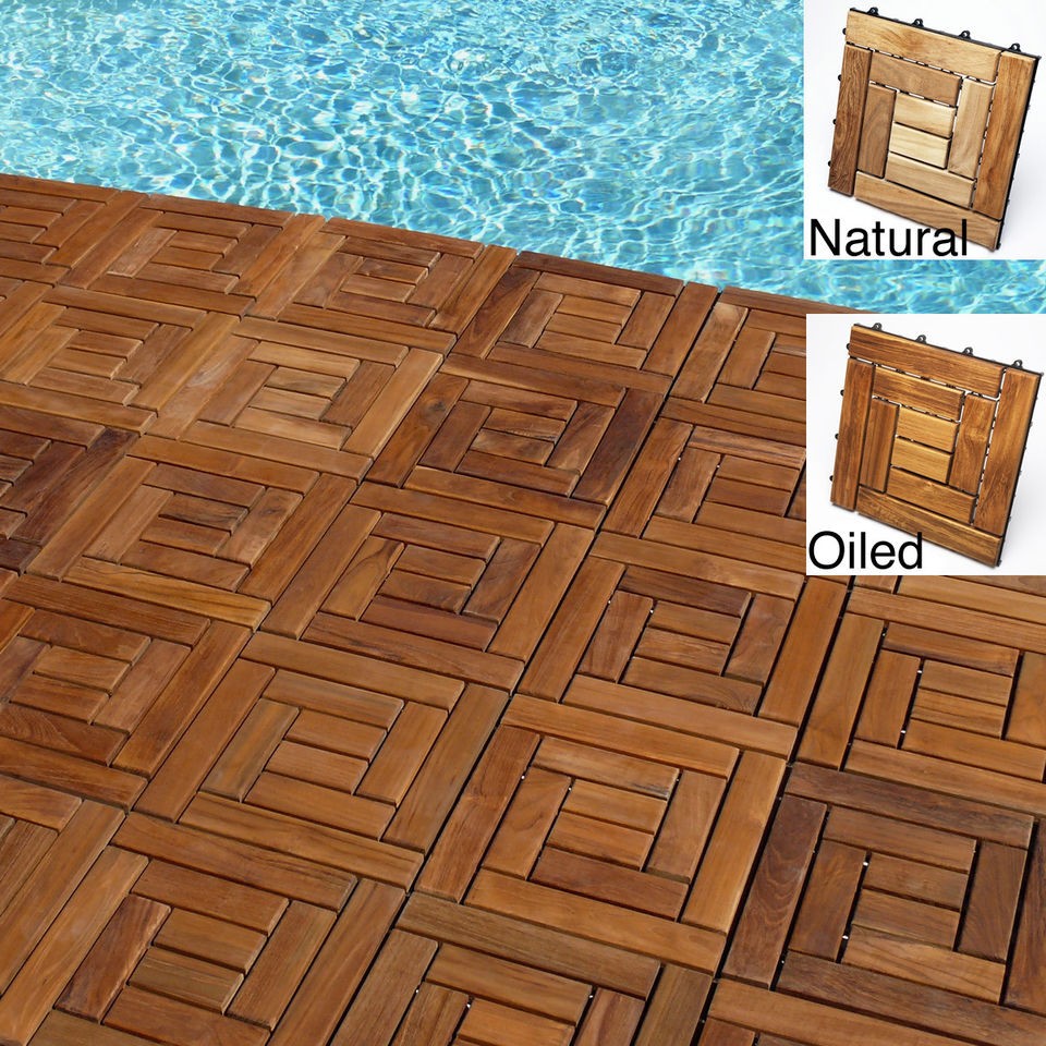 Le Click Style Spiral Teak Interlocking Deck Tiles (Set of 10)