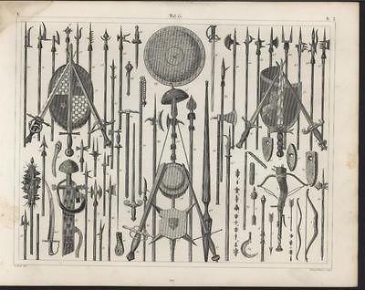 Spears Swords Various Weapons c. 1850 Heck antique detailed engraving