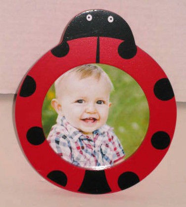 Ladybug Shape Picture Frame Wood Holds 3.5 Round Photo Desktop NEW