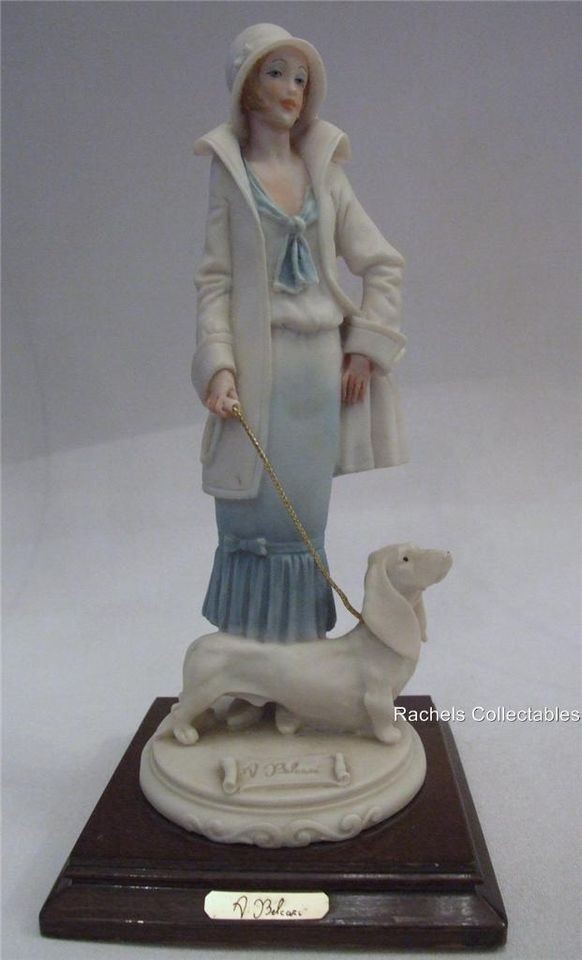 ITALIAN SIGNED BELCARI FIGURINE OF DECO LADY WITH DACHSHUND DOG